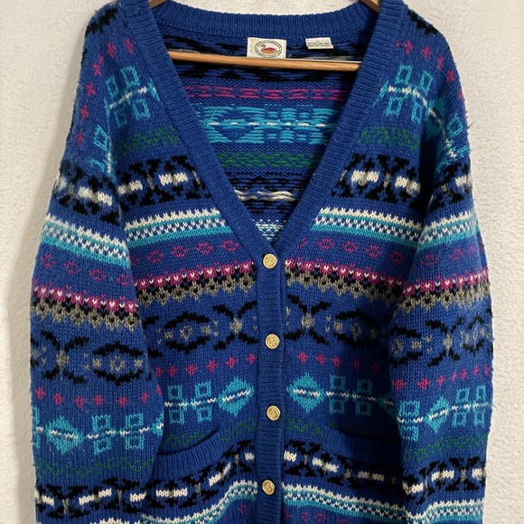 Vtg 80s Marsh Landing Shetland Wool Cardigan Sweater Womens M Knit Geometric - Picture 2 of 7